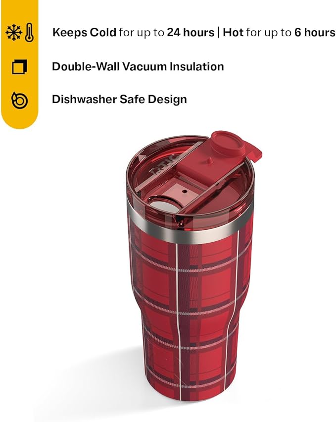 RTIC 20oz Essential Tumbler with Lid, Ceramic Lined, Insulated, Stainless Steel, Metal, Double Wall Vacuum-Insulation, Travel Cup for Iced Coffee, Tea, Hot and Cold Drink, Red Plaid