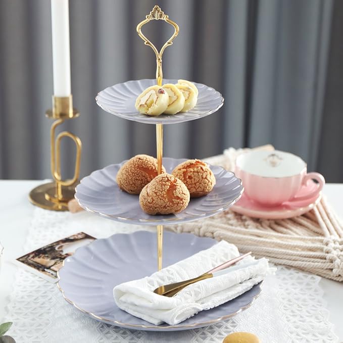 Sweejar 3 Tier Ceramic Cake Stand Wedding, Dessert Cupcake Stand for Tea Party Serving Platter (Purple)