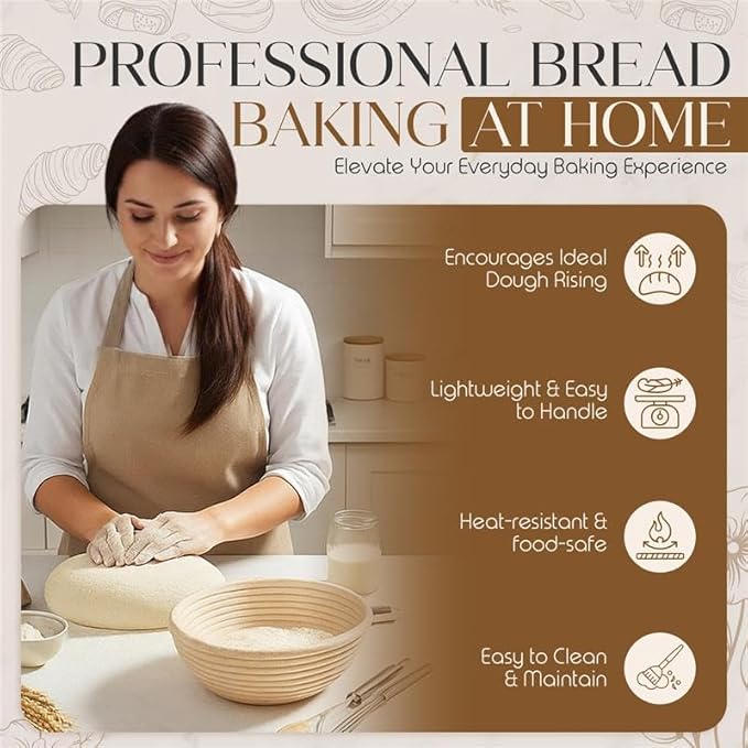 Sourdough Bread Proofing Basket Set - 9 Inch Round Banneton Bread Proofing Basket with 2 Wooden Stamps, Brush & Storage Bag - Sourdough Kit With Wooden Design