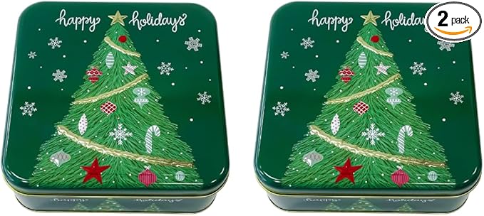 Pack of 2 Square Metal Christmas Cookie Tins With Lids, Elegant Green & Gold Festive Tins, Multipurpose Tins For Gift Giving, Durable & Stylish Storage Solution For Cake, Candy & More