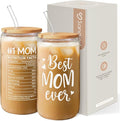 Gifts for Mom from Daughter Son - Mom 16 Oz Can Glass Coffee Cup with Bamboo Lid & Straw - Mothers Gift for Women on Birthday Mothers Day Valentines