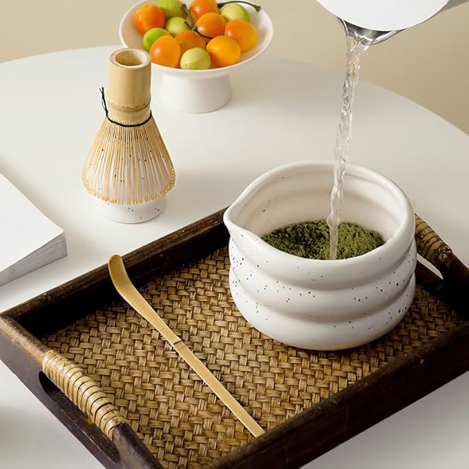 7-piece matcha kit includes matcha bowl. white speckled matcha tea set with bamboo whisk -, sifter, scoop, stainless steel filter, tea caddy, cloth & gift box - for matcha green (4)