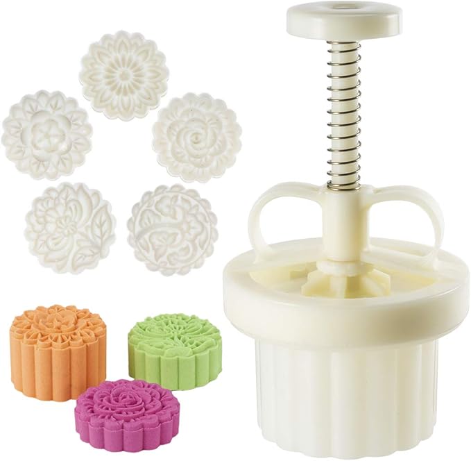 Moon Cake Mold Set Cookie Stamp 5pcs 100g Stamps, Thickness Adjustable DIY Cookie Press Decoration Cake Mold Hand Cutter Set