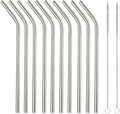 10 Pcs Stainless Steel Straws, Reusable Drinking Straws, Bent Metal Straw Sets with 2 Pcs Cleaning Brushes (Silver, 8.5 Inch)