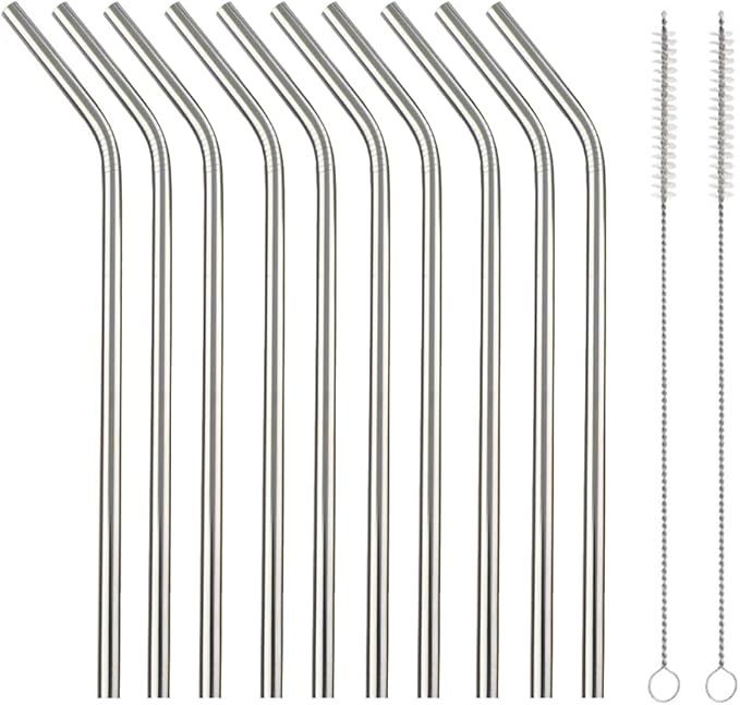 10 Pcs Stainless Steel Straws, Reusable Drinking Straws, Bent Metal Straw Sets with 2 Pcs Cleaning Brushes (Silver, 8.5 Inch)