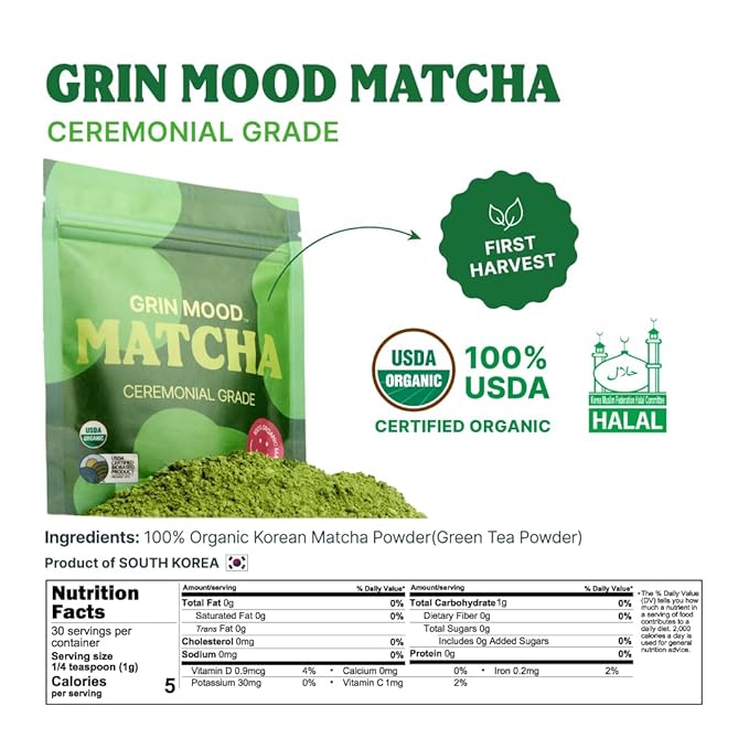 GRIN MOOD Matcha Organic Ceremonial Green Tea Powder(3.53oz) - Decaffeinated First Harvest Green Tea, Authentic Korean Matcha, Halal, Eco-Friendly Recyclable Package