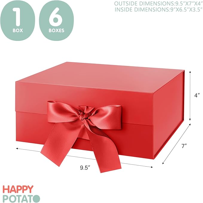 HAPPY POTATO Christmas Gift Box with Ribbon 9x6.5x3.8 Inches, Red Gift Box with Lid, Bridesmaid Proposal Box, Magnetic Gift Boxes for Presents (Glossy Red)
