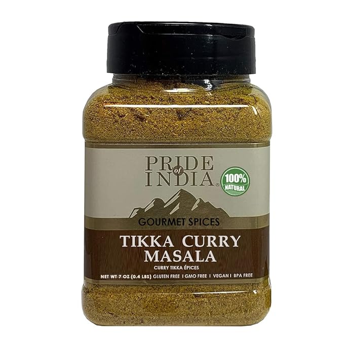 Pride of India – Tikka Curry Masala Seasoning Spice – Gourmet Curry Mix – Ideal for Vegetarian and Meat Dishes – Natural & GMO Free – Easy To Use - 7 oz. Medium Dual Sifter Jar