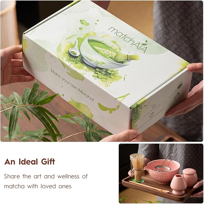 6 Pcs Matcha Set - Ceramic Bowl with Spout, Matcha Whisk with Holder, Tea Powder Canister, Sifter and Spoon, Complete Kit for Traditional Matcha, Modern Lattes, and Tea Ceremonies (Pink)
