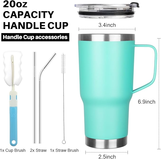 20 oz Tumbler with Handle, Stainless Steel Insulated Tumbler with Lid and Straw, Double Wall Vacuum Coffee Mug Tumbler, Insulated Coffee Thermal Cup for Cold and Hot (Mint Green)