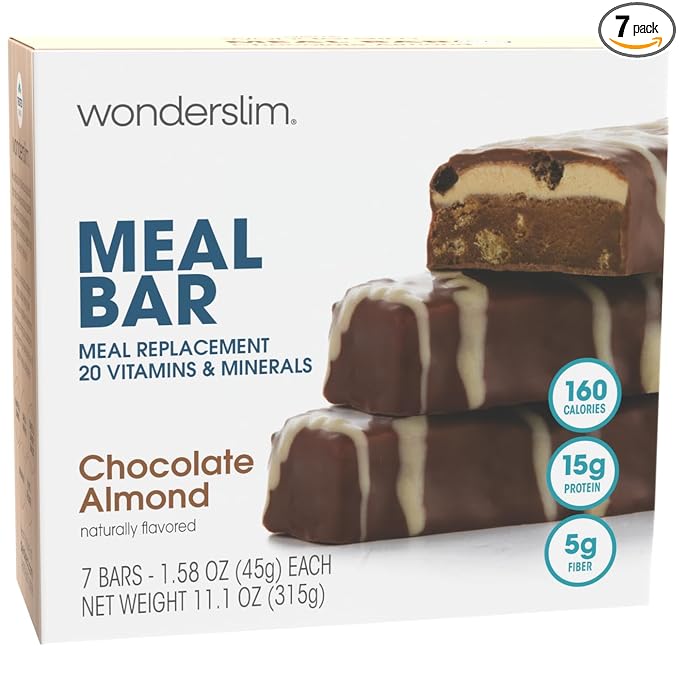 WonderSlim Meal Replacement Protein Bar, Chocolate Almond, 15g Protein, 20 Vitamins & Minerals (7ct)