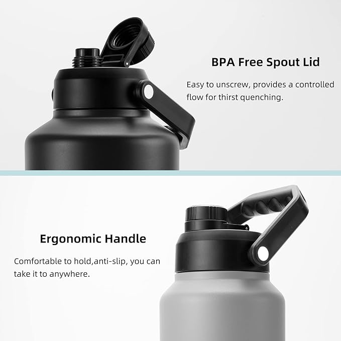 BJPKPK One Gallon(128 oz) Insulated Water Bottle, Dishwasher Safe Stainless Steel Thermos, BPA Free Jug with Ergonomic Handle & Anti-slip Bottom, Large Water Bottle, Black