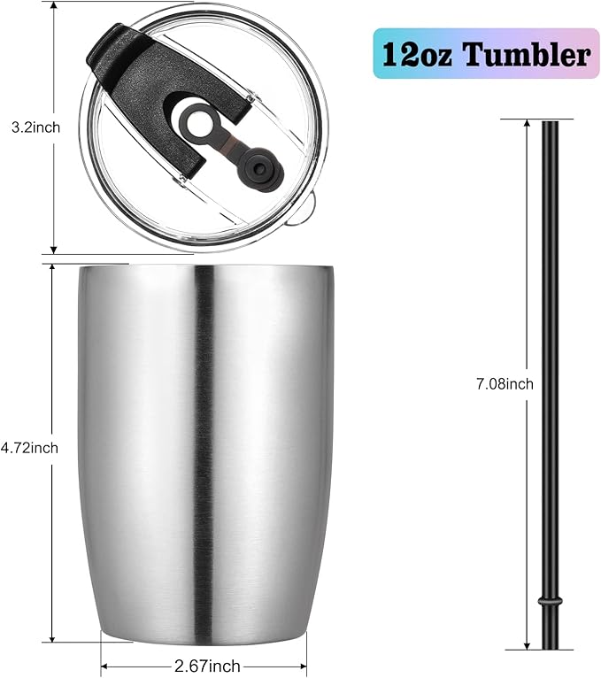 VEGOND Stainless Steel 12 oz Tumblers bulk Vacuum Insulated Double Wall Travel Tumbler with Lid and Straw Reusable Tumbler, Stainless 6 pack