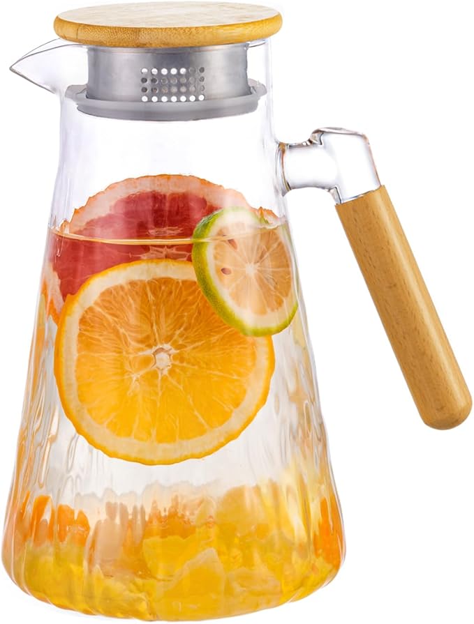 Glass Pitcher, 60 oz 1.8 Liter Glass Water Pitcher with Lid,Hand Blown Iced Tea Pitcher for Fridge,for Juice, Coffee, Milk, Cold or Hot Beverages, Heat Resistant
