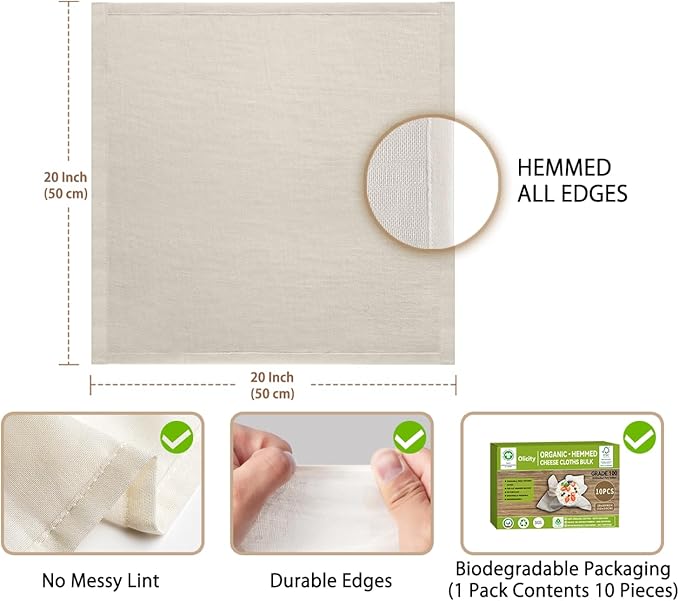 Organic Cheesecloth Bulk, GOTS Certified,10PCS,Grade 100,20x20Inch Hemmed Cheese Cloths Fabric Reusable Fine Mesh Cloth,100% Cotton Unbleached Muslin Bulk Cheesecloth Roll for Straining,Cooking,Yogurt