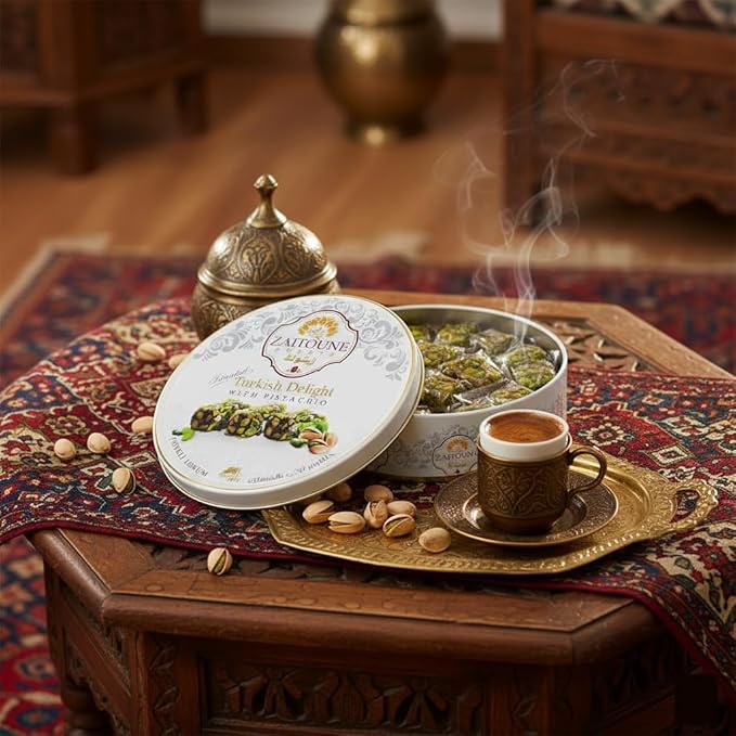Zaitoune Pistachio Covered Turkish Delight – 0.55 lb | Stuffed with Delicious Nuts, Coated with Chopped Pistachios | Authentic Luxury Lokum Turkish Delight Candy in a Beautiful Gift Tin | Handmade & Individually Wrapped | Perfect Turkish Snacks