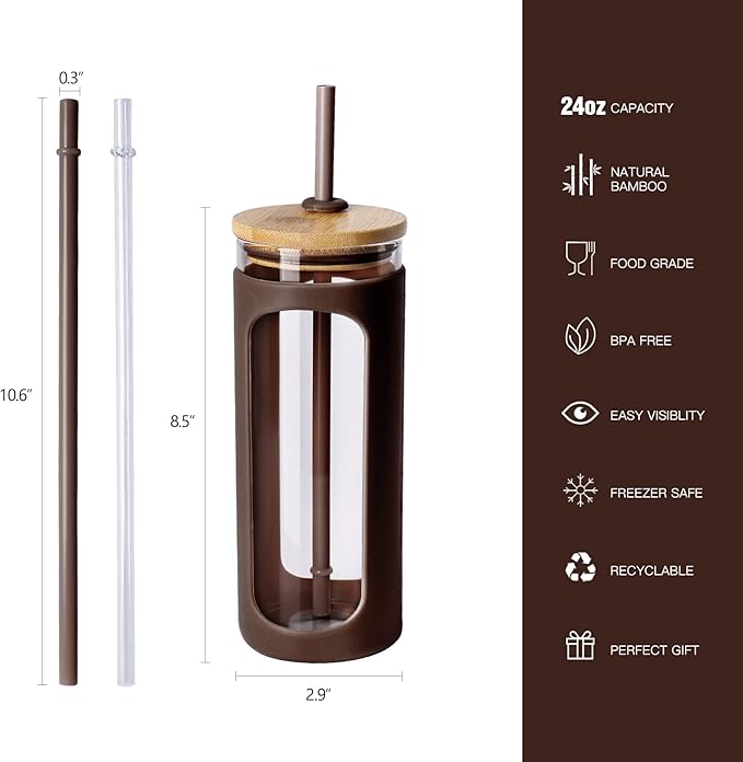 Kodrine 20oz Glass Tumbler with Straw and Lid, Iced Coffee Cups with Bamboo Lids, Glass Cups for Cold Drinks, Smoothie Cup with Silicone Sleeve for Travel, Work, BPA FREE-Brown