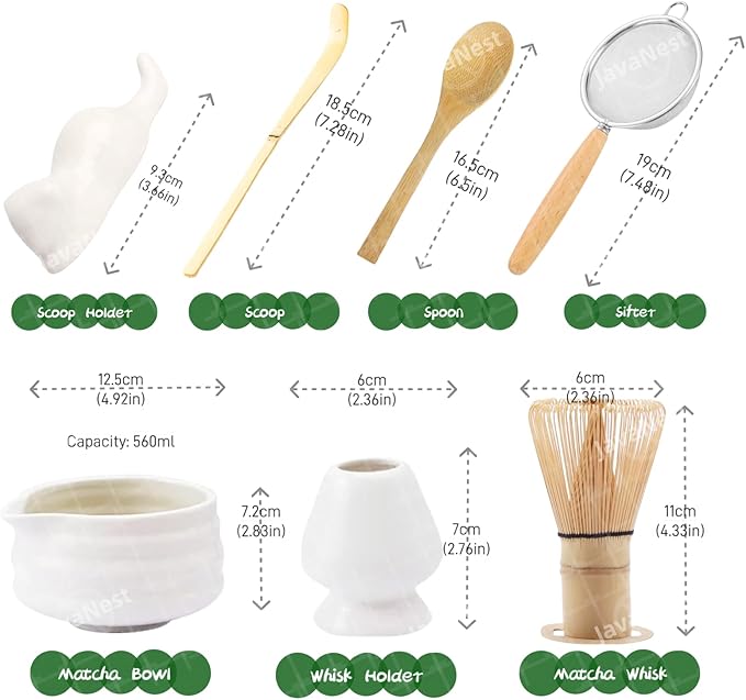 7-Piece Matcha Tea Set with Gift Card – 120-Prong Bamboo Whisk, Ceramic Bowl with Spout, Whisk Holder, Scoop, Spoon, Strainer & Scoop Holder – Ideal Gift for Matcha Lovers (White, 100-Prong)