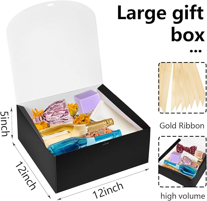 8Pack Large Gift Boxes with Lids, 12x12x5 Inches Bridesmaid Proposal Box With Ribbon, Black Boxes For Gifts, Paper Gift Box For Presents, Wedding, Bridal Shower, Birthday Party