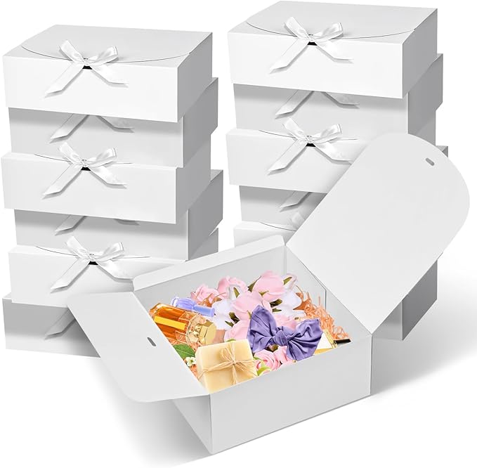 WLUSEAXI 12Pack Gift Boxes, 10x10x4 Inches Bridesmaid Proposal Box, White Boxes for Gifts, Paper Gift Box with Ribbon for Presents, Wedding, Bridal Shower, Baby Shower, Birthday Party, Graduation