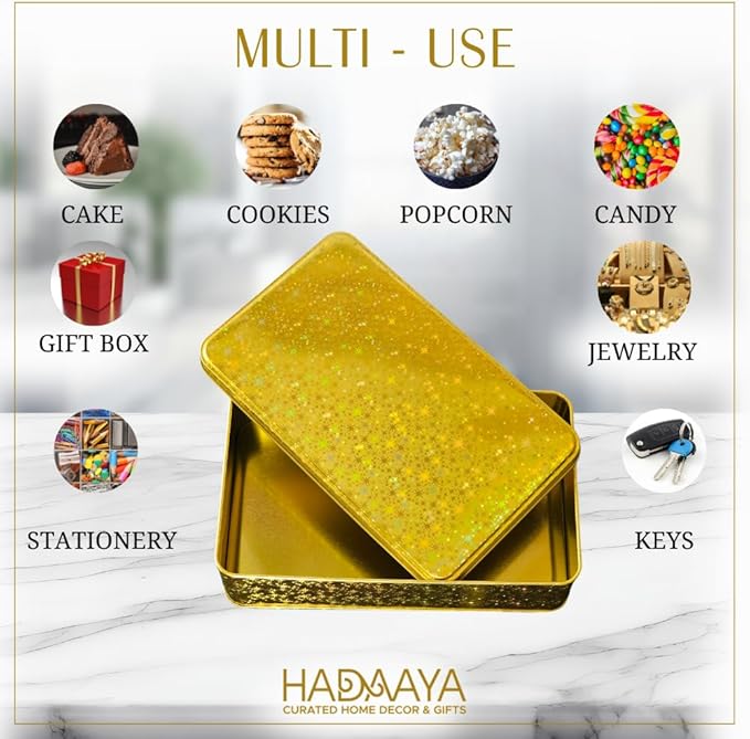 Gold Glitter Single Piece Empty Rectangular Tin Container With Lid, Multipurpose Festive Party Favor Gift Box For Cookies, Candies, Stationery & More - 7.5 x 4.25 x 2 Inches