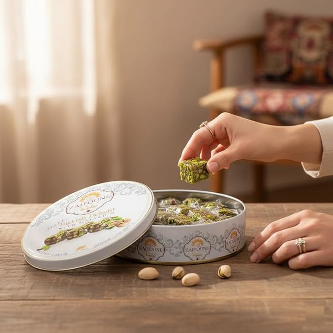 Zaitoune Pistachio Covered Turkish Delight – 0.55 lb | Stuffed with Delicious Nuts, Coated with Chopped Pistachios | Authentic Luxury Lokum Turkish Delight Candy in a Beautiful Gift Tin | Handmade & Individually Wrapped | Perfect Turkish Snacks