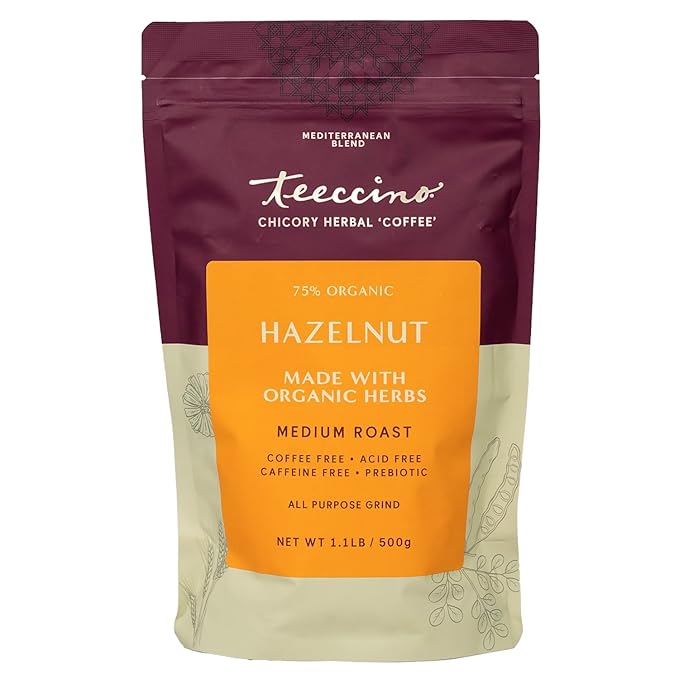 Teeccino Hazelnut Chicory Coffee Alternative - Ground Herbal Coffee That’s Prebiotic, Caffeine Free & Acid Free, Medium Roast, 1.1 Pound