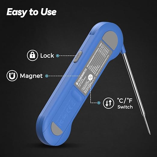 0.5 Sec Instant Read Meat Thermometer Digital with ±0.5℉ Precision, 100% Waterproof Auto Flip Bright LCD Screen, Motion Sensing Food Thermometer for Cooking Kitchen Oven Grill Candy BBQ, Blue