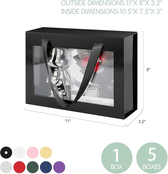 5 Black Gift Boxes with Windows, Clear Magnetic Gift Boxes with Handles for Presents, Groomsman Proposal Boxes (10.5x7.5x3 Inches