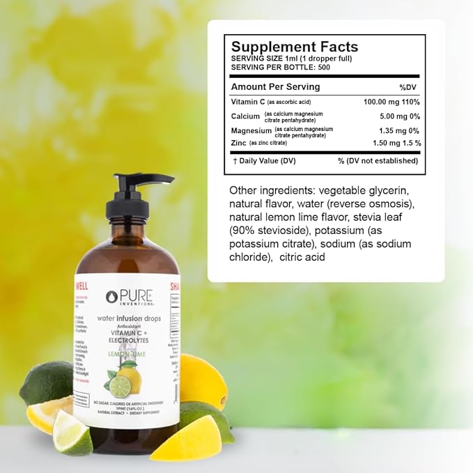 Pure Inventions - Lemon Lime Water Infusion Drops - Antioxidants, Vitamin C & Electrolytes - Health & Wellness Drink -Immunity Support -Sugar Free, Zero Calorie, No Artificial Sweeteners -500 Servings