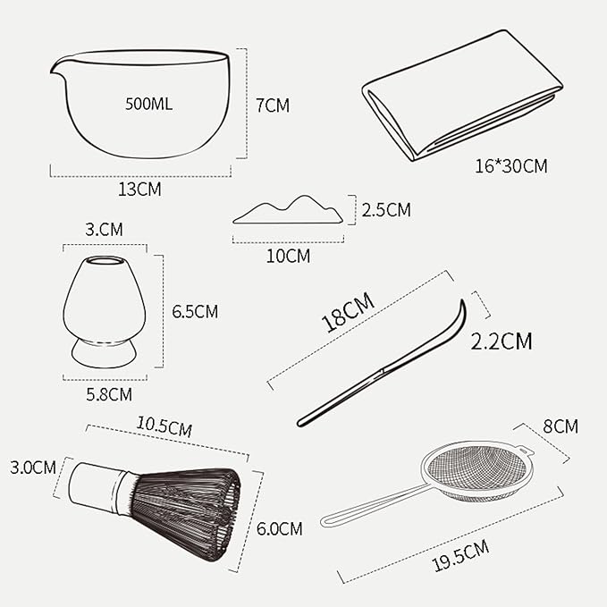 Japanese Matcha Ceremony Accessory, Matcha Whisk, Traditional Scoop (Chashaku), Tea Spoon, Whisk Holder, 1 tea bowl, 1 tea siev, The Perfect Set to Prepare a Traditional Cup of Matcha.