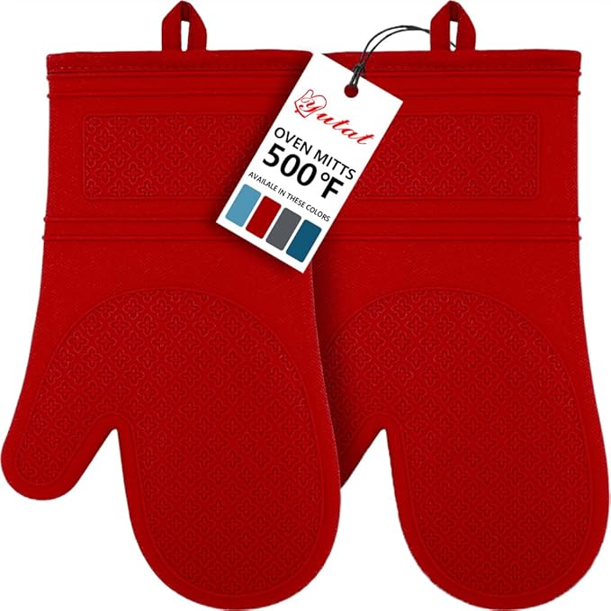 Yutat Silicone Oven Mitts, Oven Gloves with Non-Slip Silicone, 600 Degree Heat Resistant, Soft Cotton Lining, Waterproof and BAP-Free, Oven Mitts for Cooking and Baking - 1 Pair 12 Inch Red