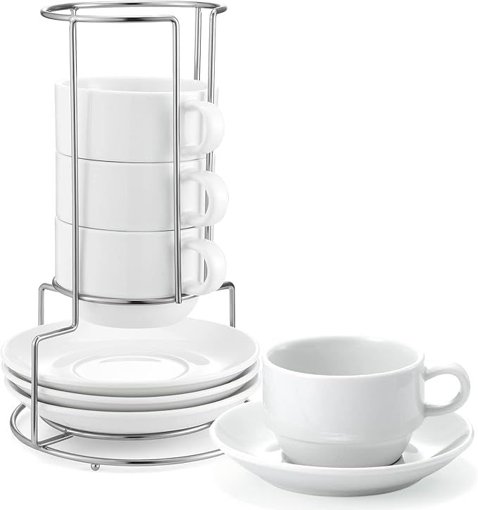 Yedio Porcelain 4 oz Espresso Coffee Cups with Saucers and Metal Stand, Porcelain White Stackable Cappuccino Cups Set of 4