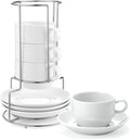 Yedio Porcelain 8 oz Coffee Cups with Saucers and Metal Stand, Porcelain Stackable Cappuccino Cups with Metal Stand, White, Set of 4