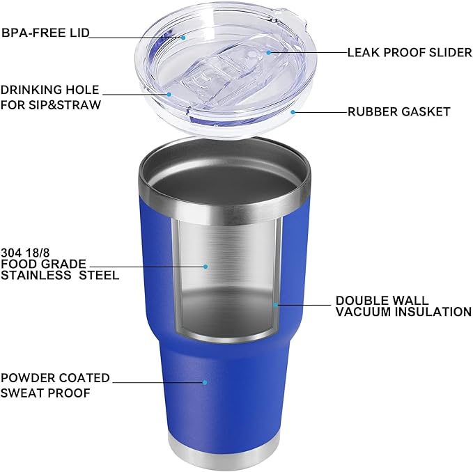 DOMICARE 30 oz Tumbler with Lid and Straw, Stainless Steel Tumblers Bulk, Insulated Vacuum Double Wall Travel Coffee Mug, Durable Powder Coated Tumbler Cups (Dark Blue, 4)