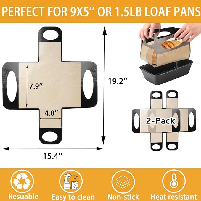 Silicone Bread Sling Mat - Reusable Sourdough Bread Making Loaf Pan Lifter Liner Non-stick & Easy Clean Dough Transfer Mats with 4 Handles Fits for 9x5" or 1.5lb Loaf Pans