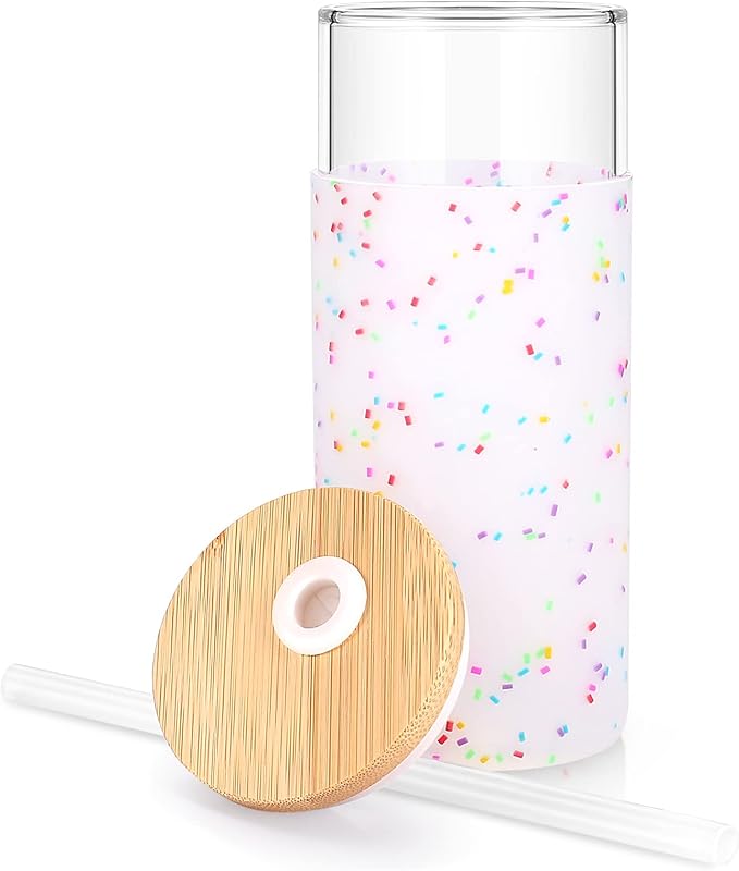 Tronco 20 oz Glass Tumbler Glass Water Bottle Straw Silicone Protective Sleeve Bamboo Lid - BPA Free (Colorful spots/ 1pack)