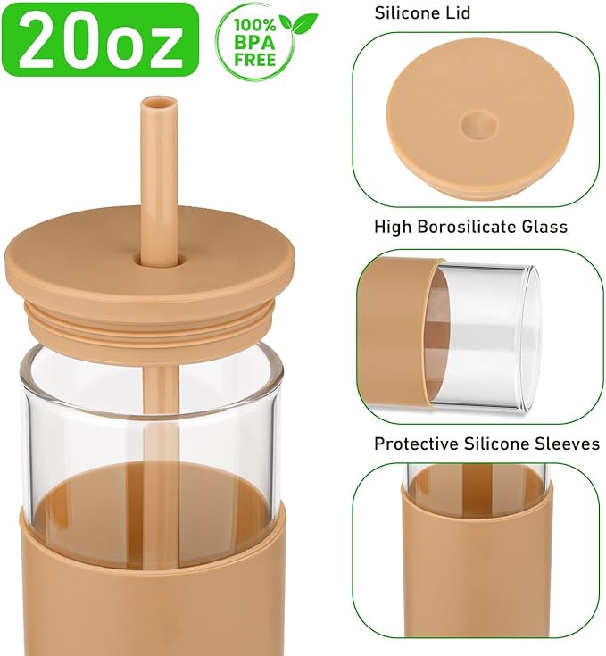 Tronco 20 oz Glass Tumbler With Lids and Straws, Reusable Smoothie Cups With Silicone Lid, Iced Coffee Cup With Silicone Protective Sleeve, Dishwasher Safe- BPA Free（Light Purple 1 Count）
