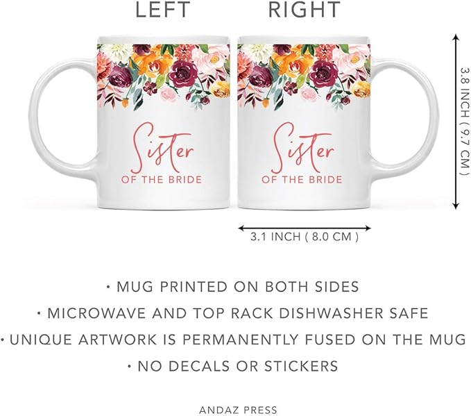 Andaz Press 11oz. Wedding Ceramic Coffee Tea Mug Gift, Fall Autumn Burgundy Orange Peach Flowers Roses Florals, Sister of the Bride, 1-Pack, Includes Gift Box