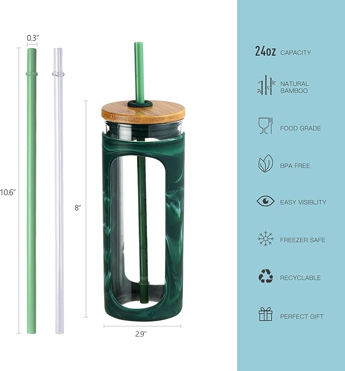 Kodrine 20oz Glass Tumbler with Straw and Lid, Iced Coffee Cups with Bamboo Lids, Glass Cups for Cold Drinks, Smoothie Cup with Silicone Sleeve for Travel, Work, BPA FREE-Green