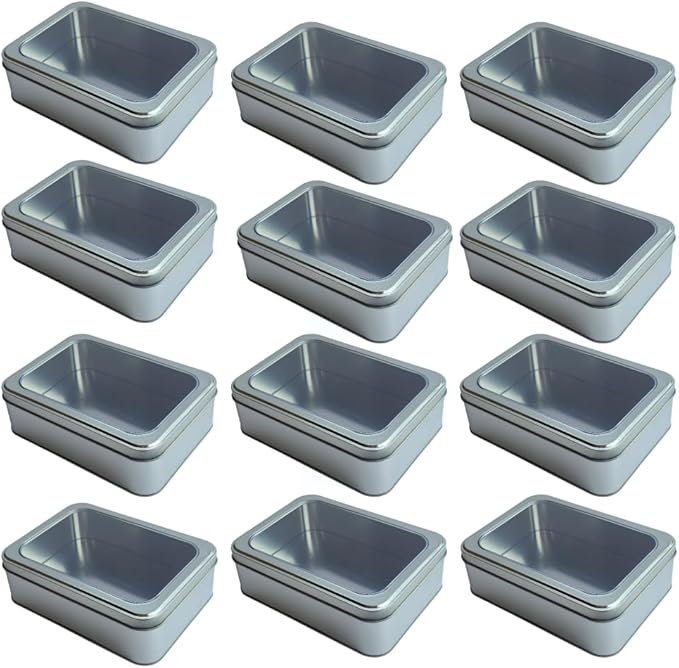 Pack of 12 Silver Rectangular Tin Container With Clear Lid, Multipurpose Tin Box, Festive Tin Box for Gift Giving, Cookies, Stationery & More - 7.25 x 5.25 x 2.25 Inches
