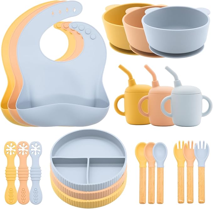 Silicone Baby Feeding Set 21 Pcs, Led Weaning Supplies, Baby Feeding EatincSupplies Set BPA Free, Essentialsfor Newborn Gift Mixed