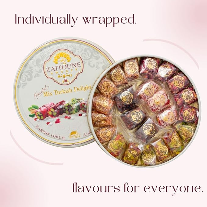 Zaitoune Turkish Delight Mix - 9 oz | Luxury Coatings of Pomegranate, Pistachio, Coconut, Kataifi & Rose | Authentic Lokum Sweet Assortment in a Beautiful Gift Tin | Handmade & Individually Wrapped