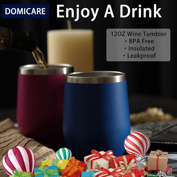 DOMICARE Stainless Steel Wine Tumbler Bulk with Lid, Personalized Insulated Tumblers Set, 12oz Travel Coffee Cups Pack of 4, Dark Blue