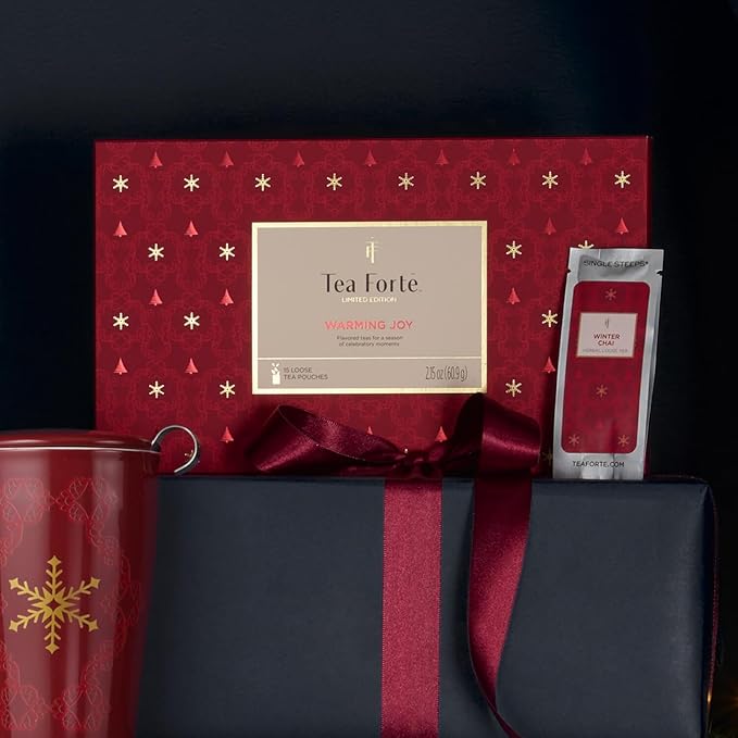 Tea Forte Warming Joy Hoilday Premium Single Steeps Loose Leaf Tea Gift Set Sampler, 15 Count 3 of Each Assorted Blends, Pre-Portioned Single Serve Pouches, Steeps 12 oz