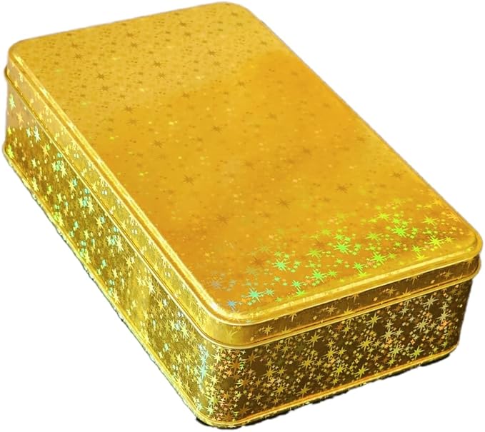 Gold Glitter Single Piece Empty Rectangular Tin Container With Lid, Multipurpose Festive Party Favor Gift Box For Cookies, Candies, Stationery & More - 7.5 x 4.25 x 2 Inches