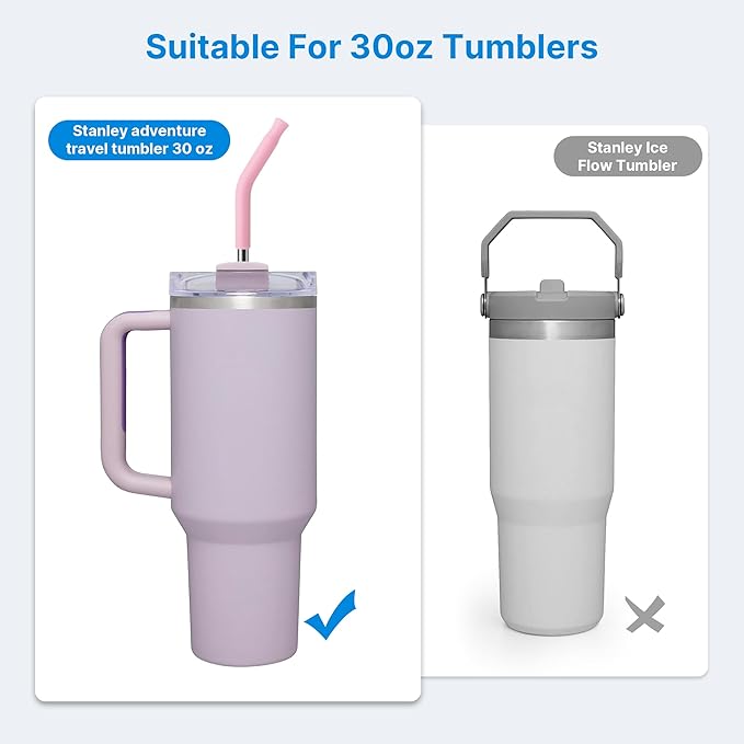 Repeatable Metal Straw with Silicone Tips for 30 oz Stanley Tumbler, 2 Pcs 30 oz Stainless Steel Straws Replacement for Stanley Tumbler, 1 Straw Brush, BPA Free（Mallow Purple）