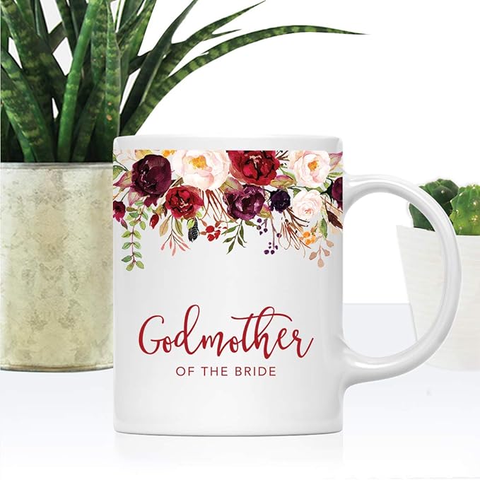 Andaz Press 11oz. Wedding Ceramic Coffee Tea Mug Gift, Fall Autumn Marsala Burgundy Flowers Roses Florals, Godmother of the Bride, 1-Pack, Includes Gift Box