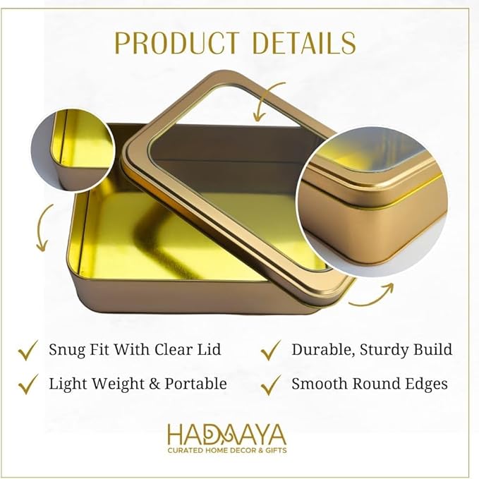Pack of 2 Gold Rectangular Tin Container With Clear Lid, Multipurpose Tin Box, Festive Tin Box for Gift Giving, Cookies, Stationery & More - 7.25 x 5.25 x 2.25 Inches