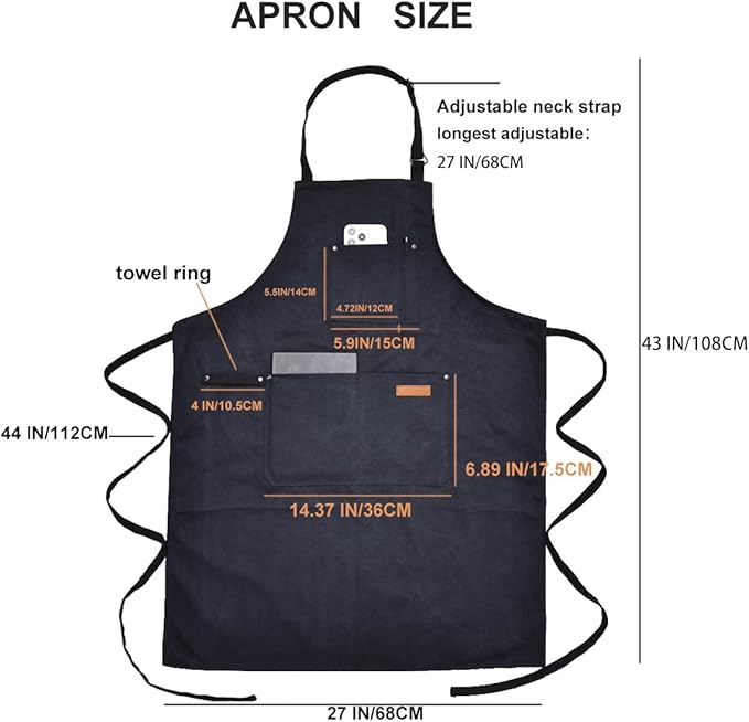 Chef Cooking Aprons for Men Women Thickened Canvas Cotton Apron with 4 Pockets for BBQ Work Kitchen (Black)